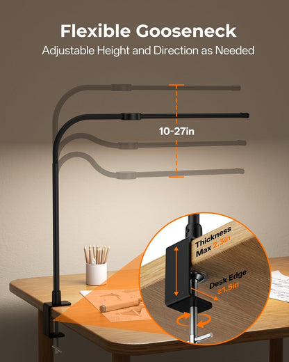 Desk Lamp with Clamp, Eye Caring LED Desk Lamp for Home Office with Gooseneck, Clip on Light with 3 Color Modes for Working, Reading, Drawing