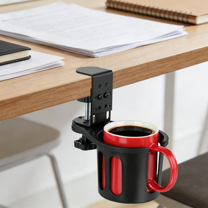 MYITYARD Desk Cup Holder Clamp, Anti-Spill Clip On Table Cup Holder, Rotatable Water Bottle Stand Drink Coffee Mug Storage, Office Accessories for Home and School (Black)