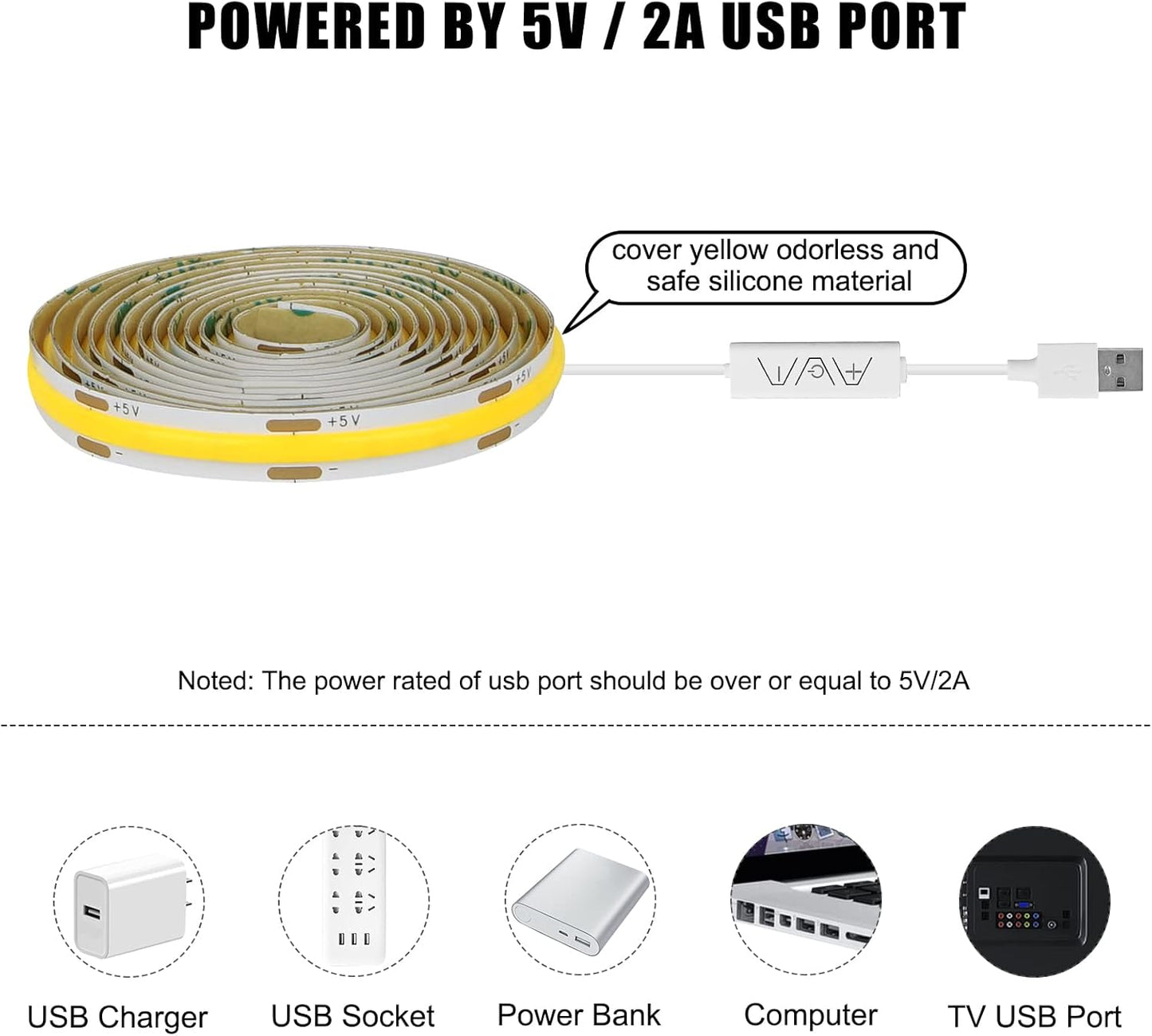 Tatazone 5V USB COB Led Strip Light with RF Remote, 4.92ft 6500K CRI93+ USB Powered COB Led Light Strip, Dimmable Indoor COB Led Light for Cabinet, TV, Camping, Monitor, Showcase, Motorhome