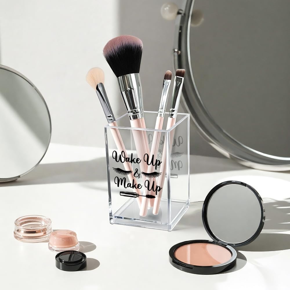 Better Late Than Ugly Acrylic Makeup Brush Organizer Holder, Self Affirmations Desk Acrylic Brushes Storage, Make Up Artist Gifts, Birthday Gifts for Her Wife Sister Friend Makeup Lovers
