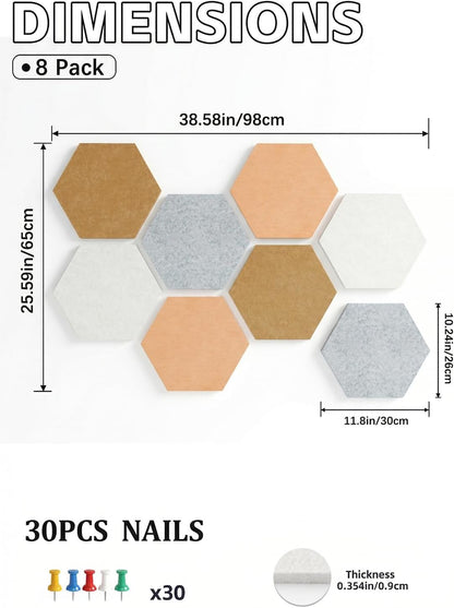 8 Pack Hexagon Felt Bulletin Board Tiles - 12" Large Thick Pin Board for Walls with 30 Push Pins, DIY Boards for Office Home School Decor, Aesthetic Hex Cork Board Alternative
