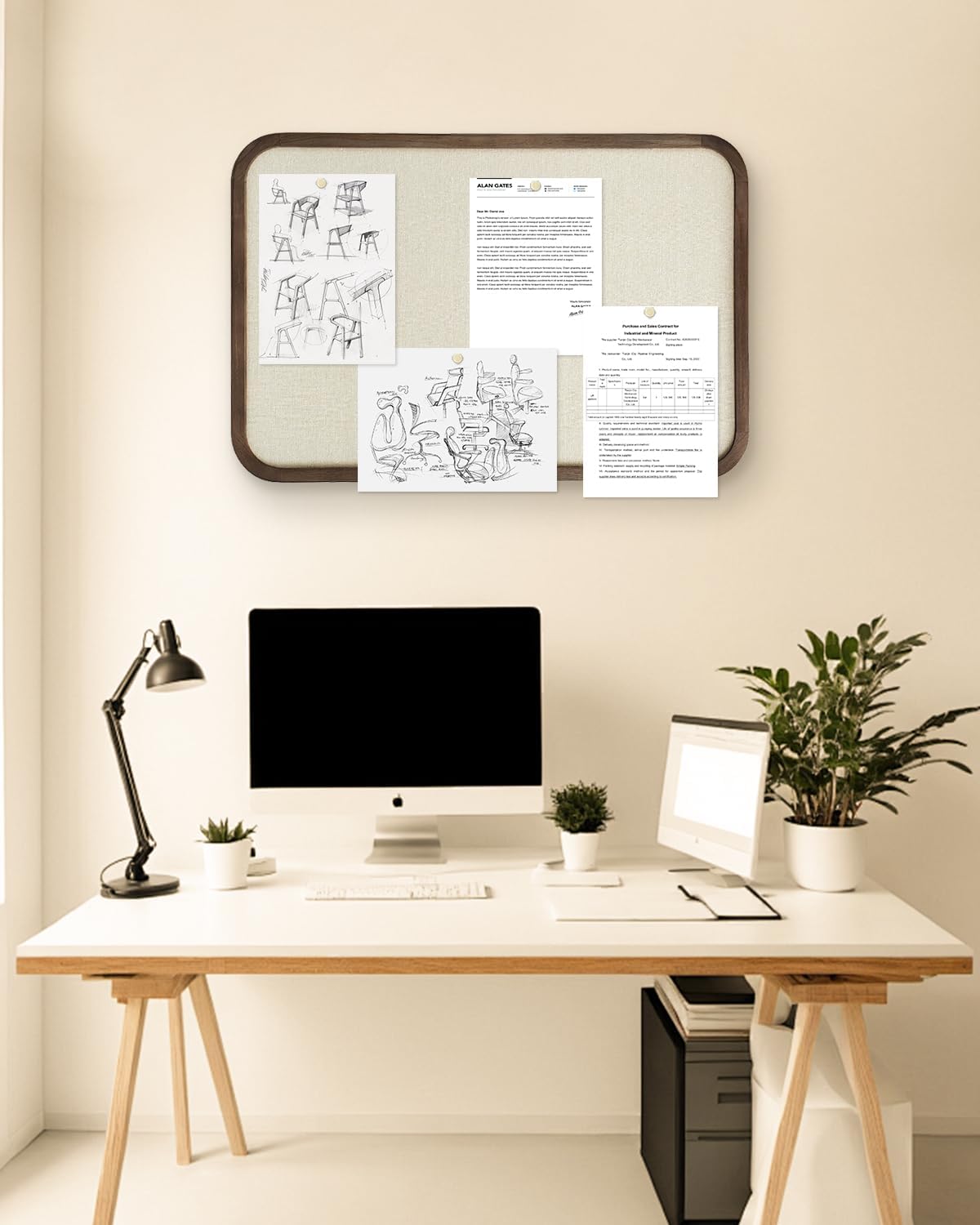 Linen Bulletin Board, Pin Board for Walls, Fabric Bulletin Board, 13"x17"Small Pin Board for Home Kitchen Office Decorative, Brown Wood Frame Cork Board(BN-3343)