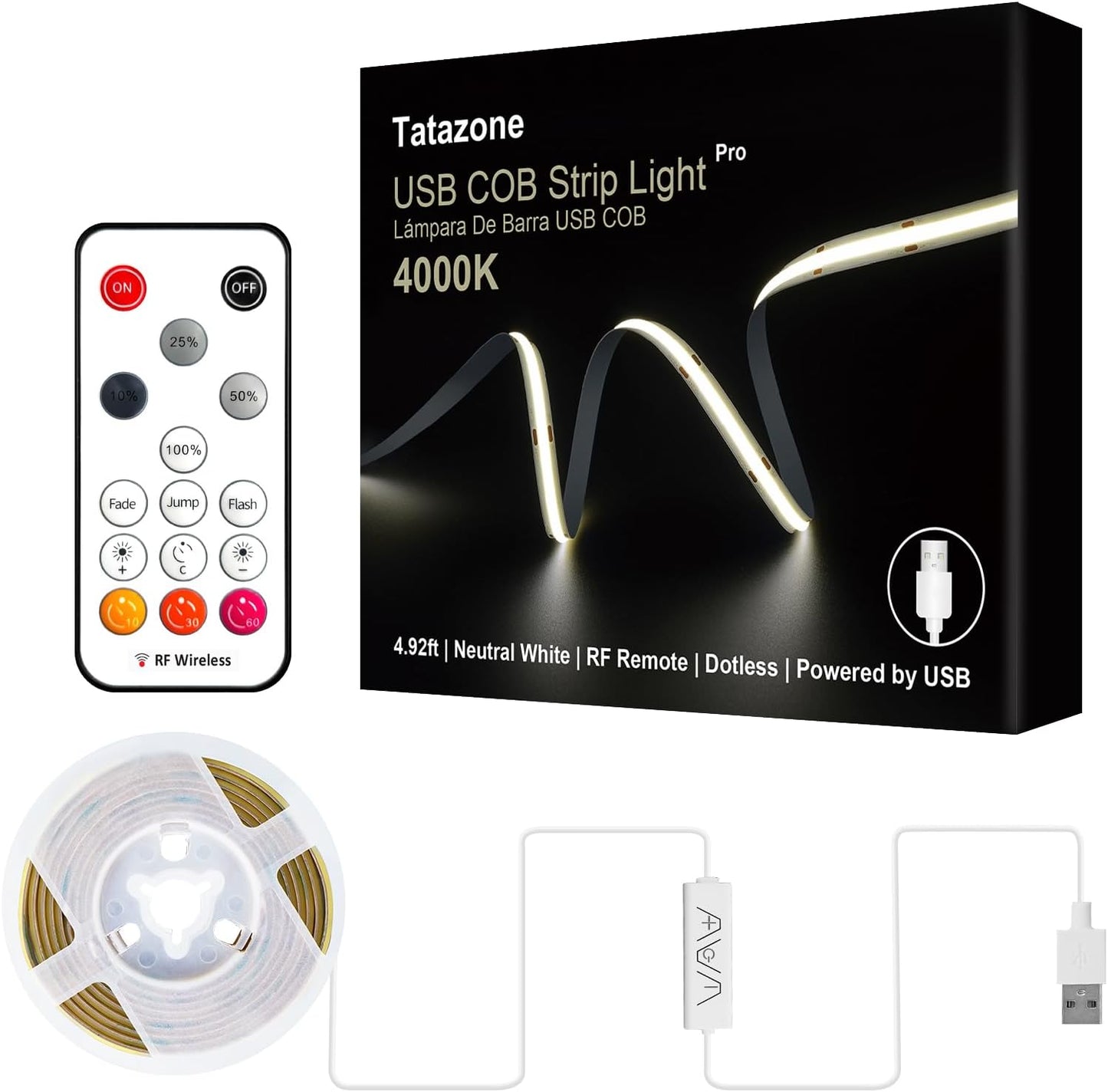 Tatazone 5V USB COB Led Strip Light with RF Remote, 4.92ft 6500K CRI93+ USB Powered COB Led Light Strip, Dimmable Indoor COB Led Light for Cabinet, TV, Camping, Monitor, Showcase, Motorhome