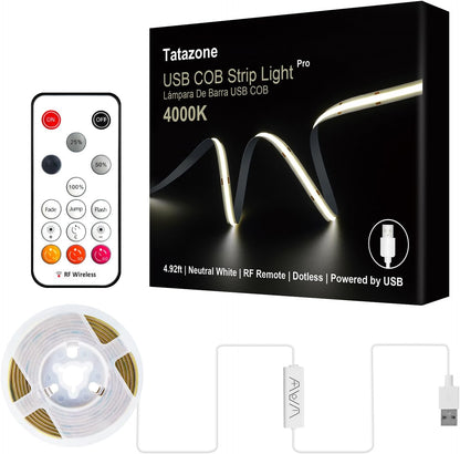 Tatazone 5V USB COB Led Strip Light with RF Remote, 4.92ft 6500K CRI93+ USB Powered COB Led Light Strip, Dimmable Indoor COB Led Light for Cabinet, TV, Camping, Monitor, Showcase, Motorhome