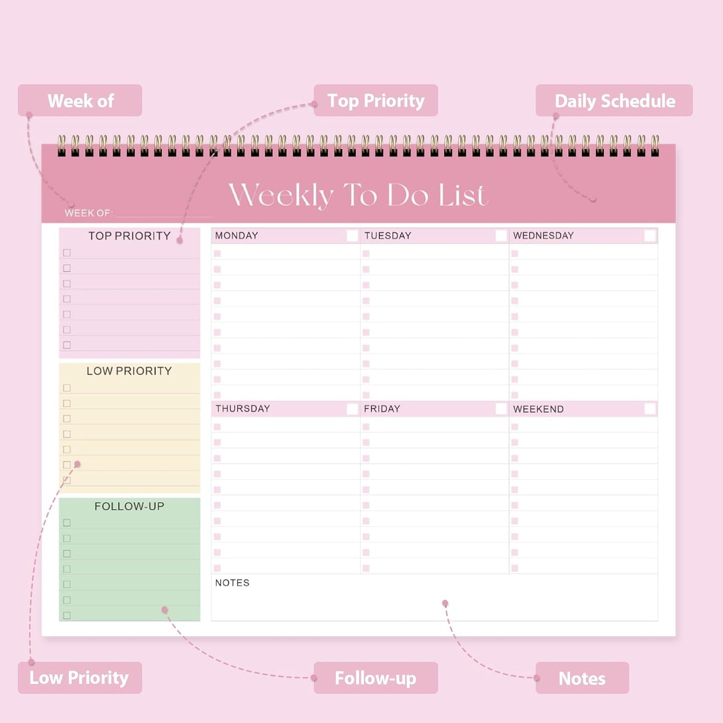 Weekly To Do List Notepad, Undated Planner with 52 Sheets (8.5''x11''), Desk Weekly Planner for Women & Man, Home School & Work