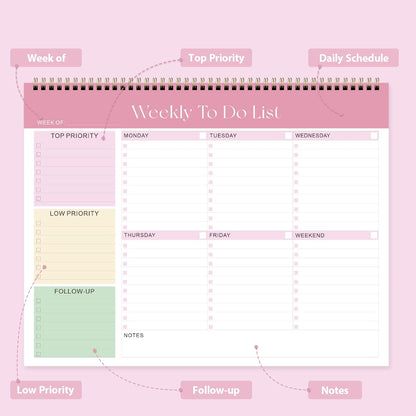 Weekly To Do List Notepad, Undated Planner with 52 Sheets (8.5''x11''), Desk Weekly Planner for Women & Man, Home School & Work