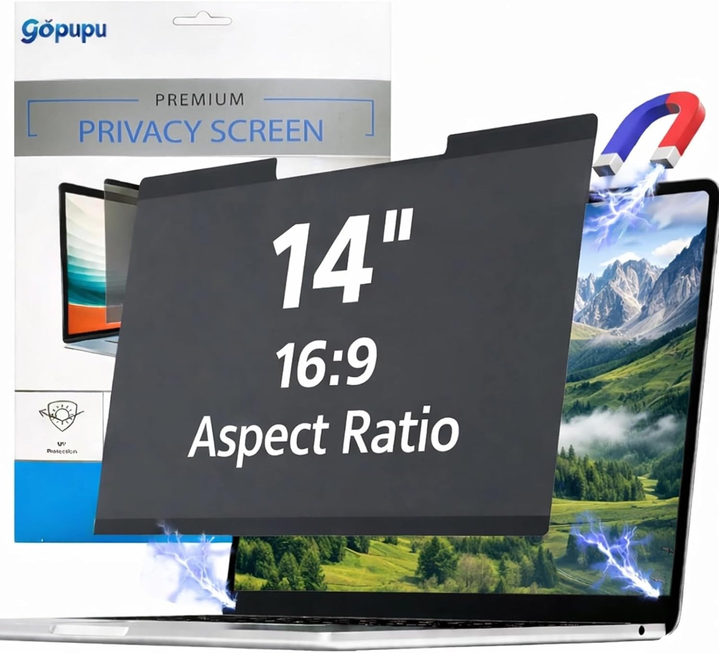 Magnetic Laptop Privacy Screen 14 Inch 16:9, Removable Laptop Privacy Shield Filter Screen Protector Anti Blue Light Glare Anti Spy Compatible with Chromebook HP Pavilion Lenovo Thinkpad Dell Asus