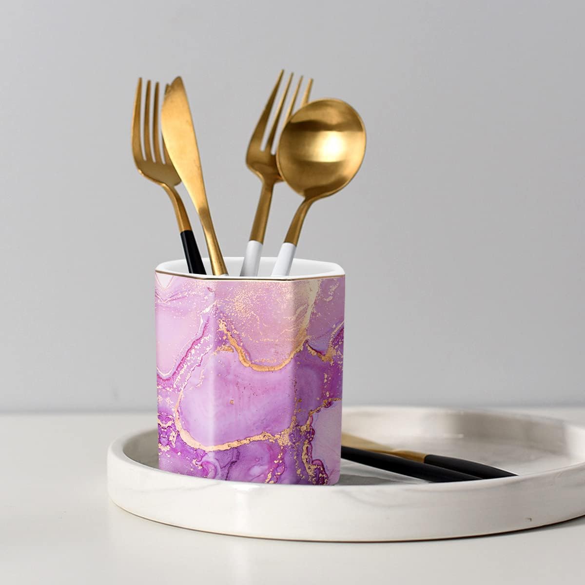 Pen Holder, Pencil Holder for Desk, Marble Desk Organizer Cute, Durable Ceramic Pencil Cup, Decorative Makeup Brush Holder Cup, Stationery Holder for Office, Home, Gray Marble
