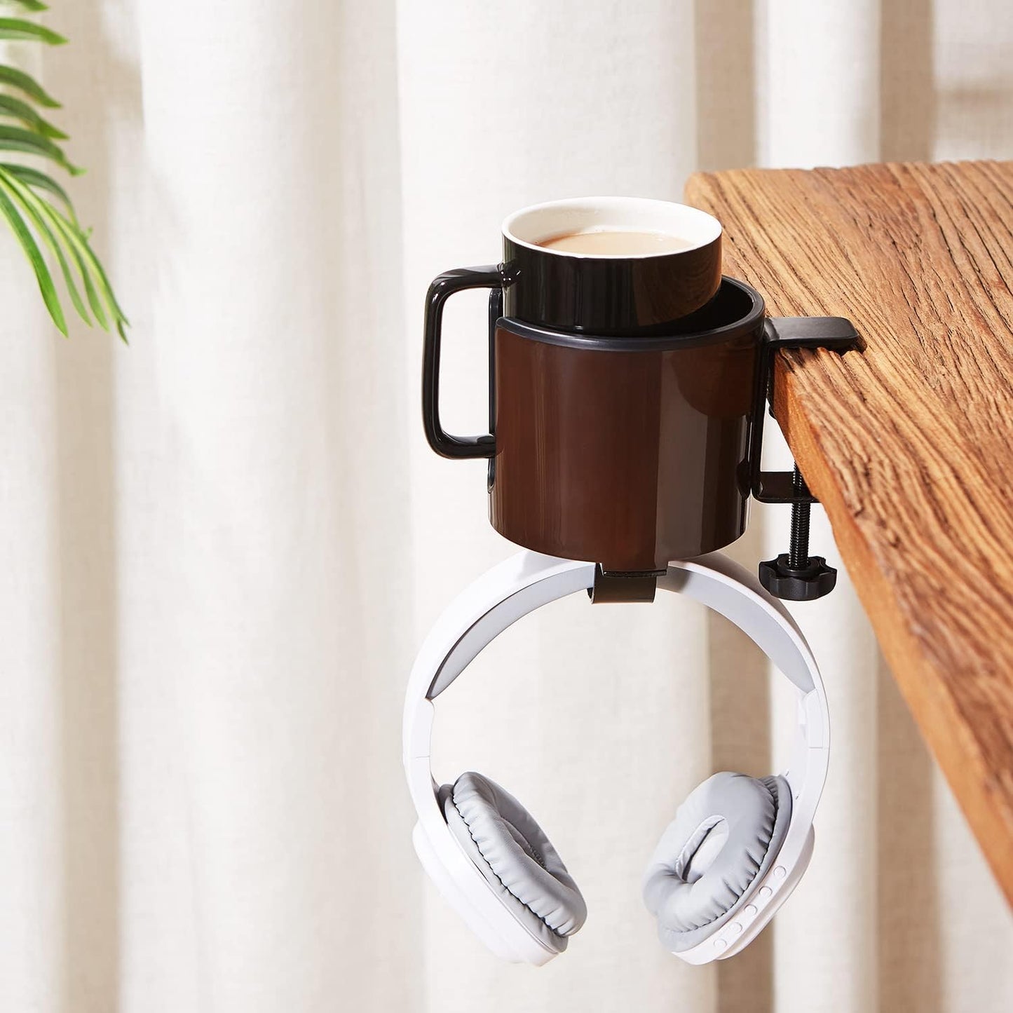 GUNKING Luxury 2-in-1 Anti-Spill Cup Holder with Under Desk Headphone Hanger (White)