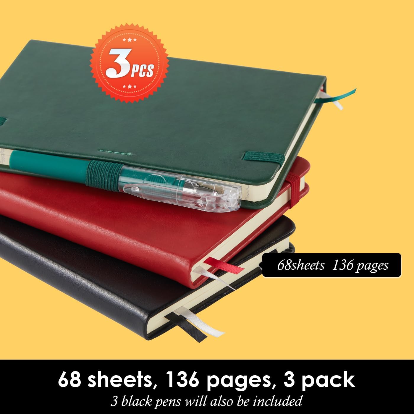 NIRMIRO 3 Pack Pocket Notebook Journals, Small Notepad Notebooks for Note Taking, A6 Mini Note pads with Pen Holder, 408 Lined Pages, 3.7" x 5.7", Black, Brown, Blue