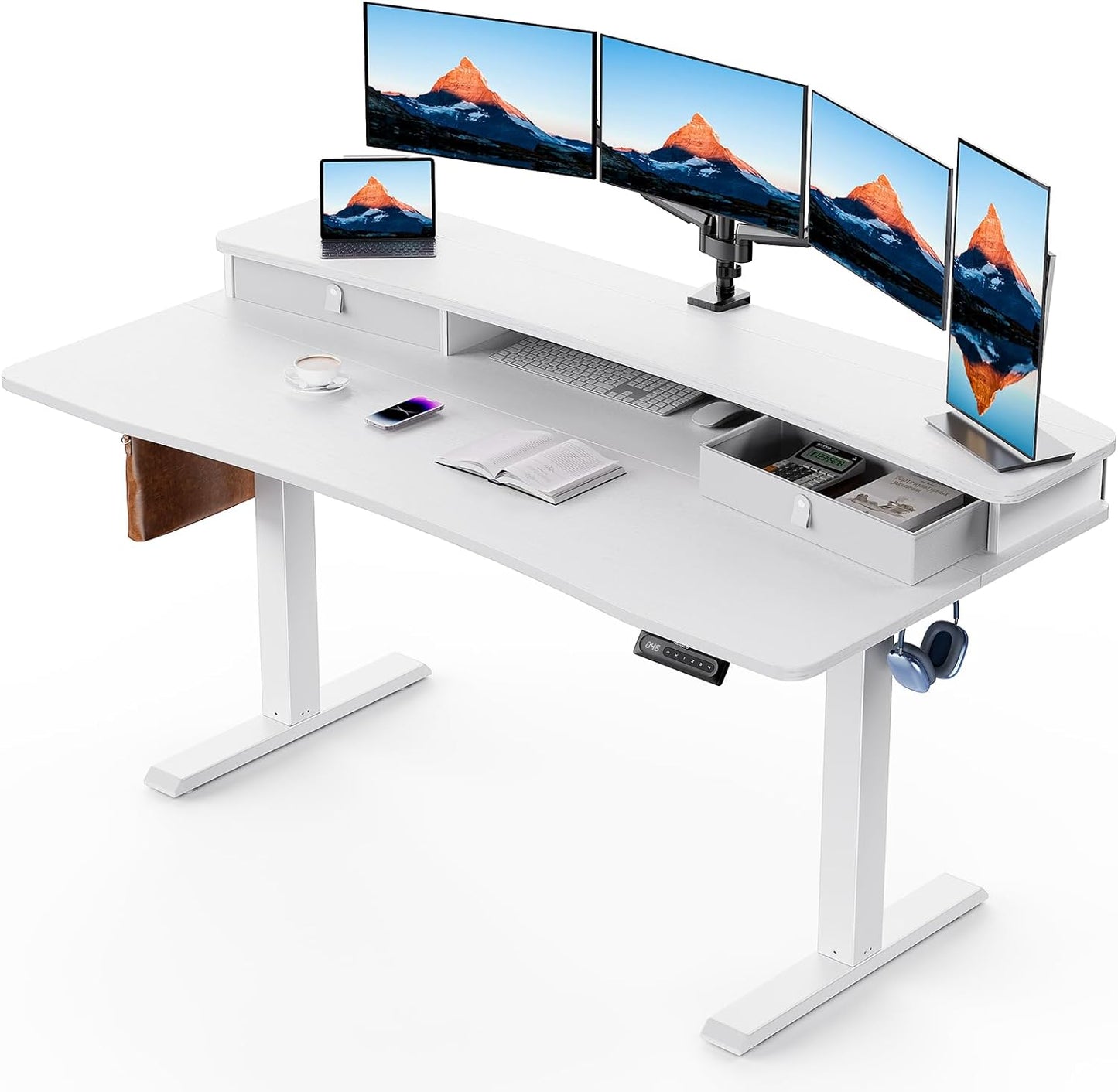 HUANUO 48″ x 24″ Electric Standing Desk with 2 Drawers, C-Clamp Mount Compatible, Height Adjustable Computer Desk, Home Office Stand Up Desk with 4 Preset Heights & 2 Hooks, Black