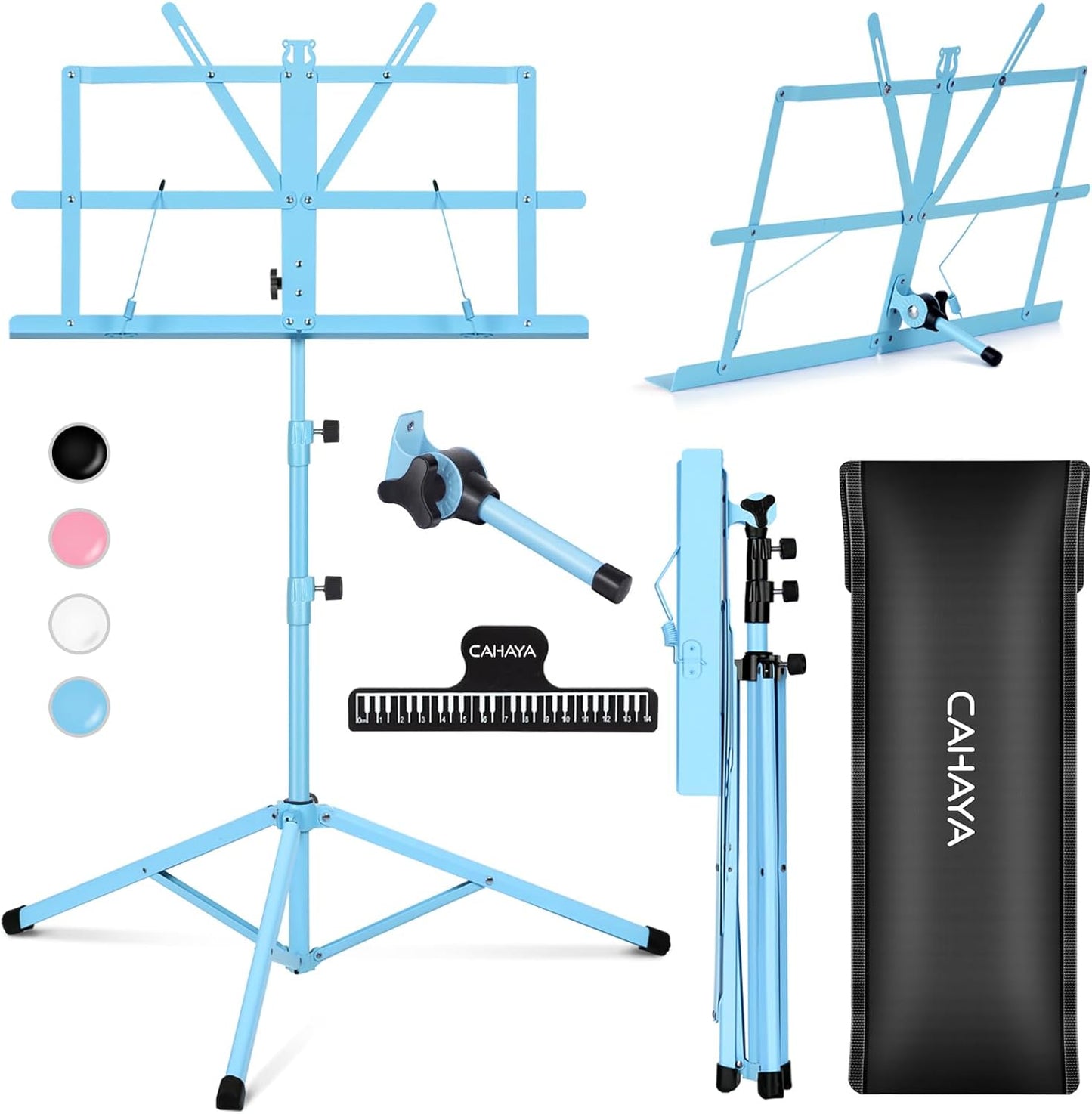 CAHAYA Portable Sheet Music Stand: Dual Use Desktop Book Holder Folding Lightweight Extra Stable Reinforced with Carrying Bag and Clip for Students Musicians Height Adjustable up to 54.3" CMS0204