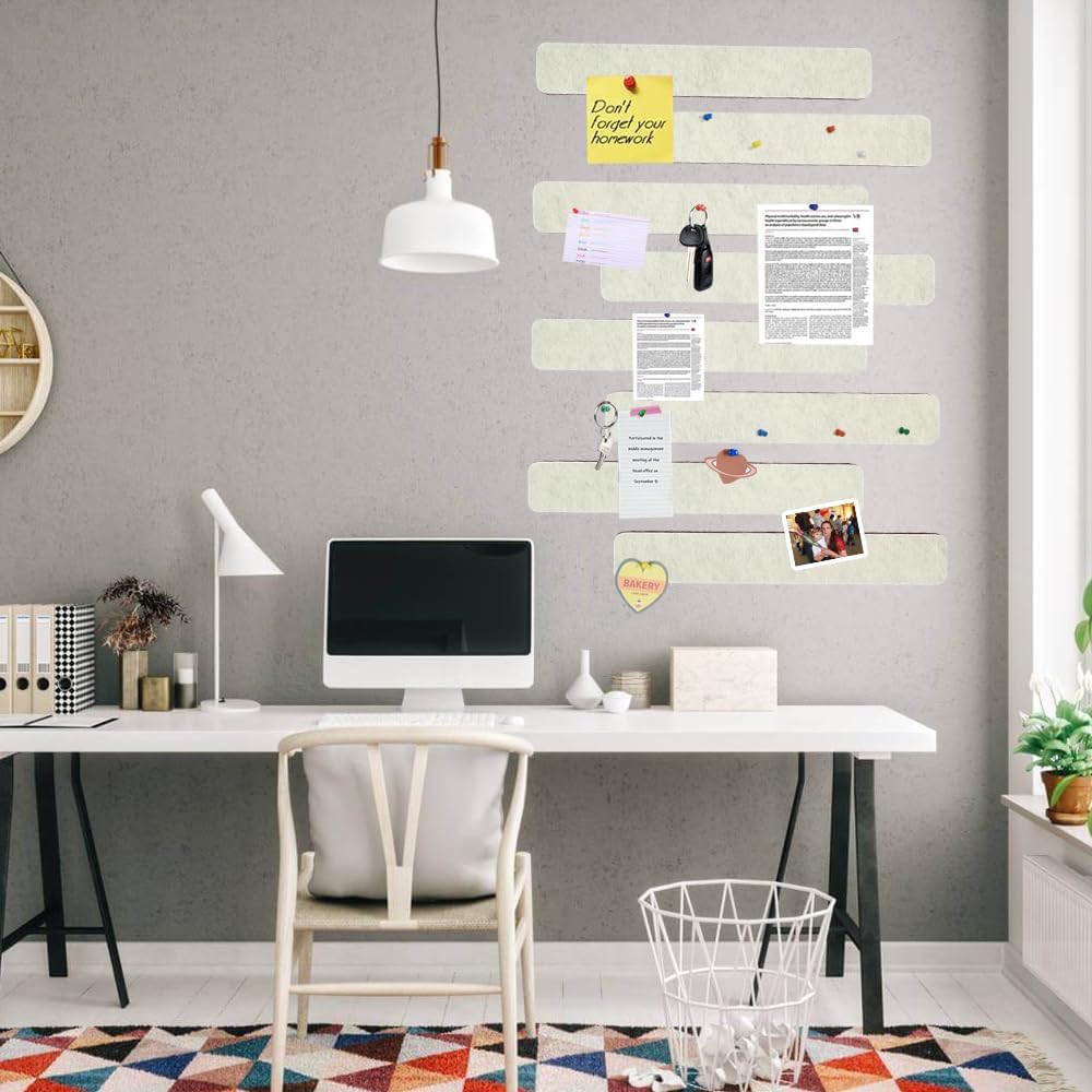 Vuzvuv 8 pcs Bulletin Board Bar Strips with 50 Pushpins & 10 Wooden Clip pins，Self Adhesive Cork Board for Wall，Felt Pin Board for School，Office Decor（Black White Grey）