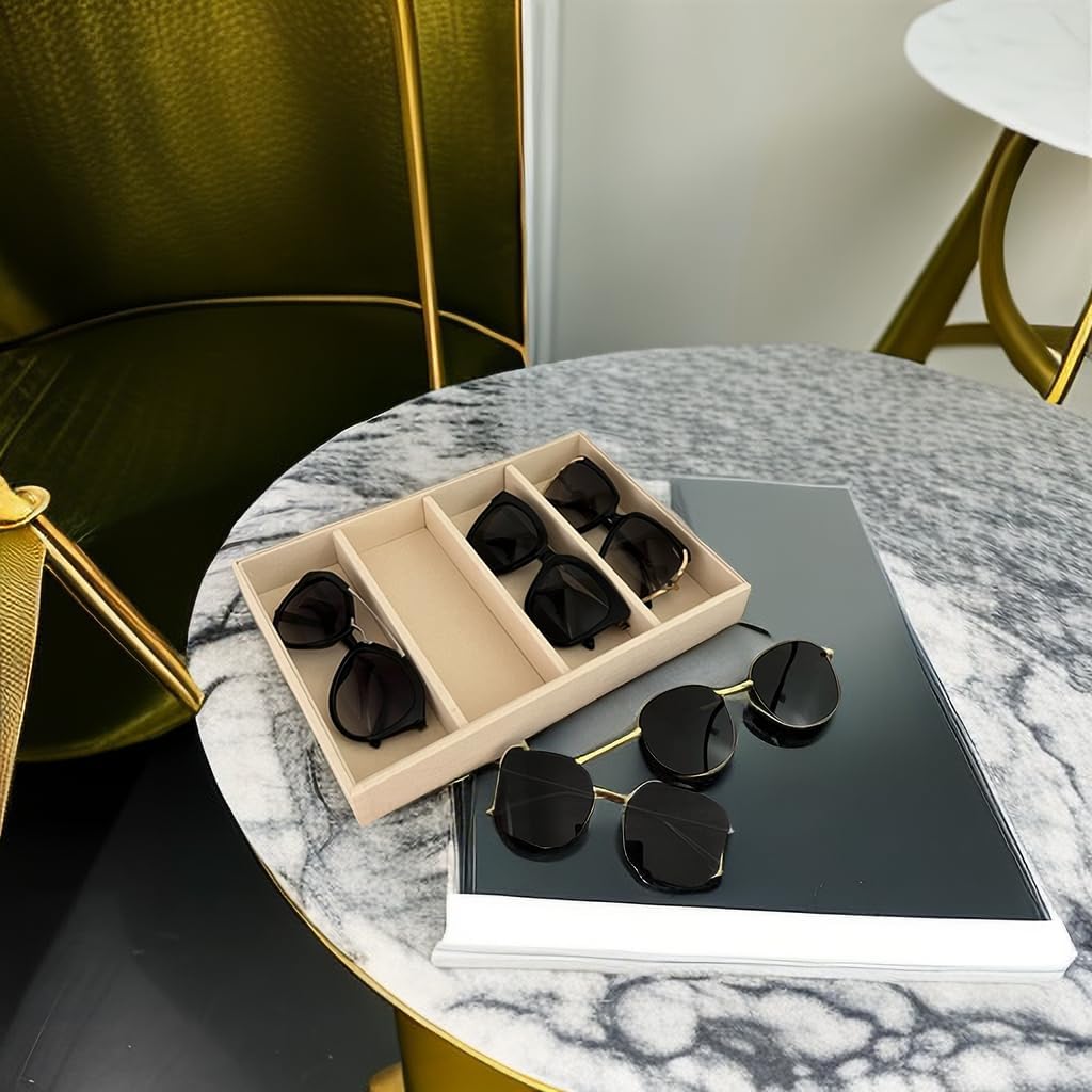 Velvet Sunglasses Organizer Tray 4 Slot, Stackable Eyewear & Glasses Display Case, Premium Beige Velvet, Scratch-Free Lining, Drawer Insert for Dressing Table Vanity Home Retail Trade Show