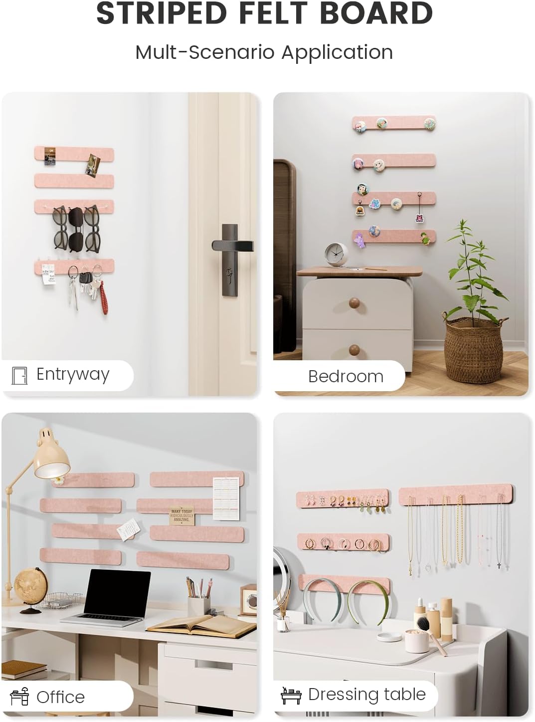 Fluxynara Cork Board Alternative Felt Strip Board 8-Pack 13"x2", Office Pin Board with 50 Push Pins, Adhesive Install for Bedroom Door & Home Office(Linen Dusk)