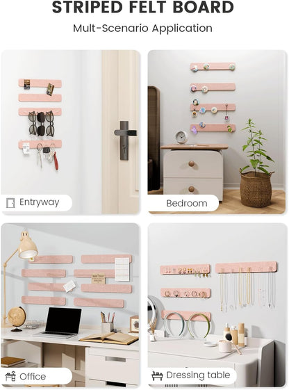 Fluxynara Cork Board Alternative Felt Strip Board 8-Pack 13"x2", Office Pin Board with 50 Push Pins, Adhesive Install for Bedroom Door & Home Office(Linen Dusk)