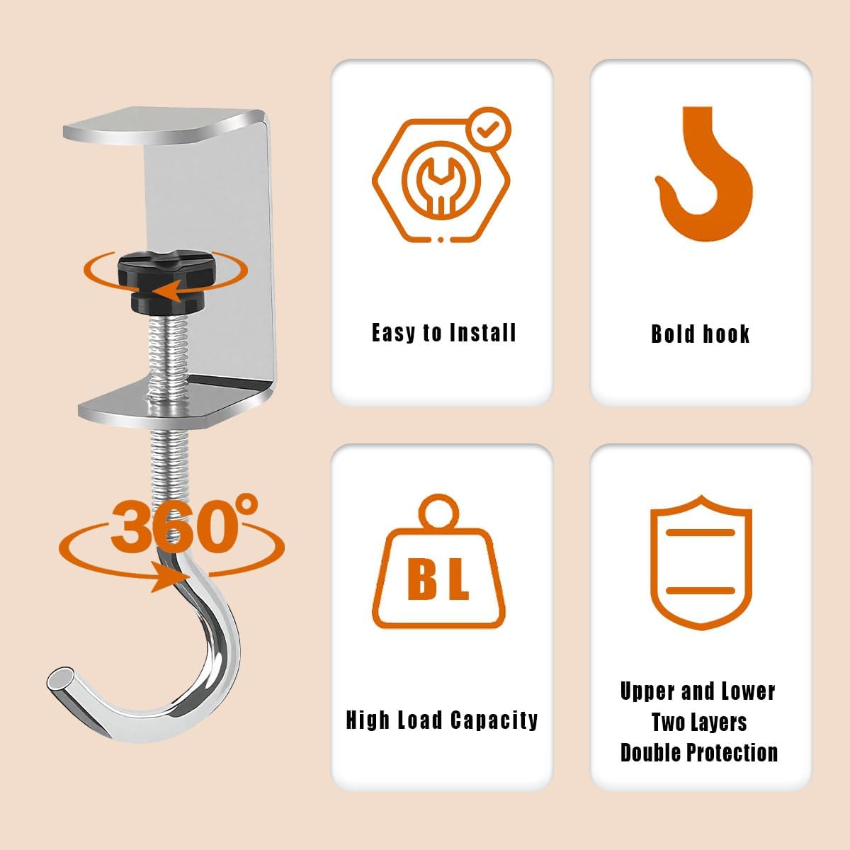 4 PCS Adjustable Under Desk Hook, Heavy Duty Metal Bag Holder with Silicone Pads for Desk, Table, Shelf. Perfect Purse Hanger, School Bag Hook for Organization in Home, Office, Kitchen