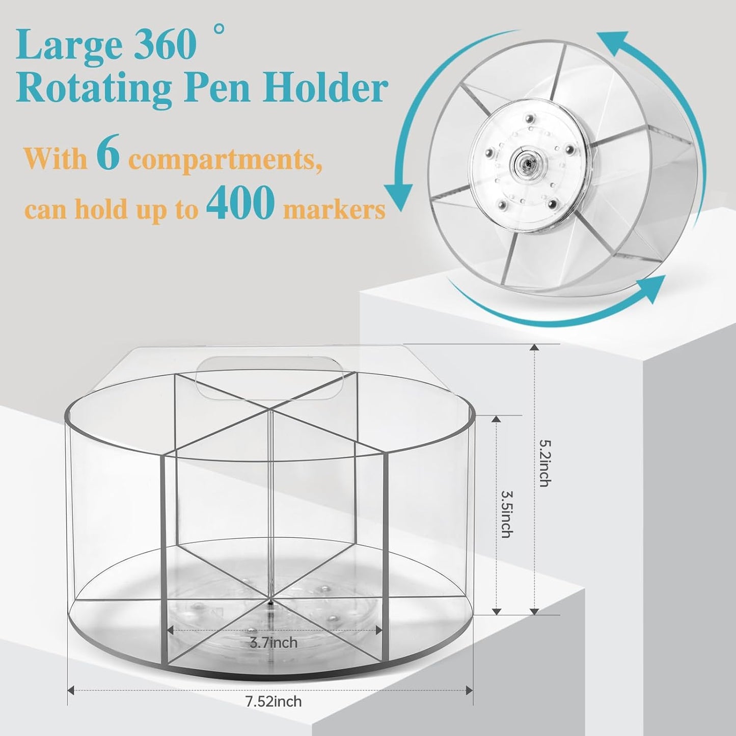Rotating Pencil Holder for Desk, 5 Slots 360-Degree Spinning Acrylic Pen Holder for Desk, Marker Holder Caddy Art Supply Organizer Pen Organizer for Office Home School