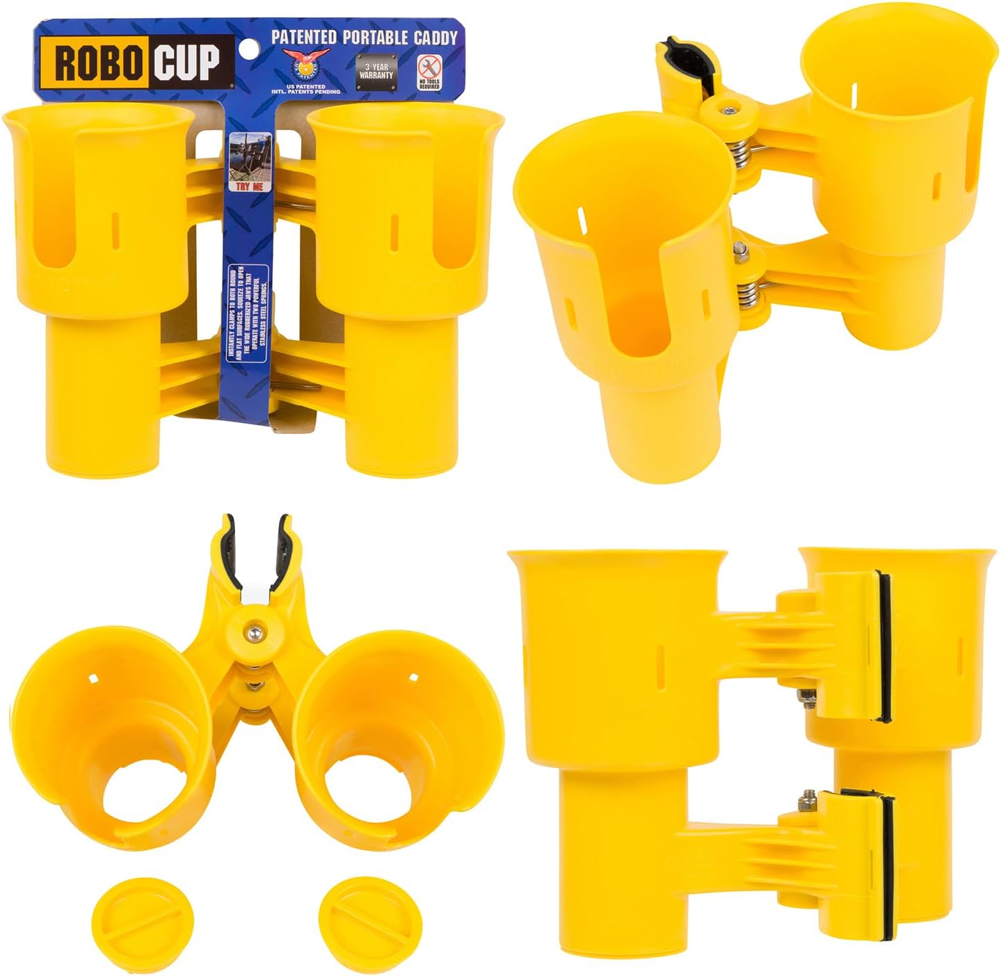 ROBOCUP, (White), Patented Clamp On Boat Cup Holder |Multifunction Dual Drink Caddy for Fishing Poles, Tools, Net, Gaff |Portable Storage for Boating, Beach, Umbrellas, Golf Carts, Strollers