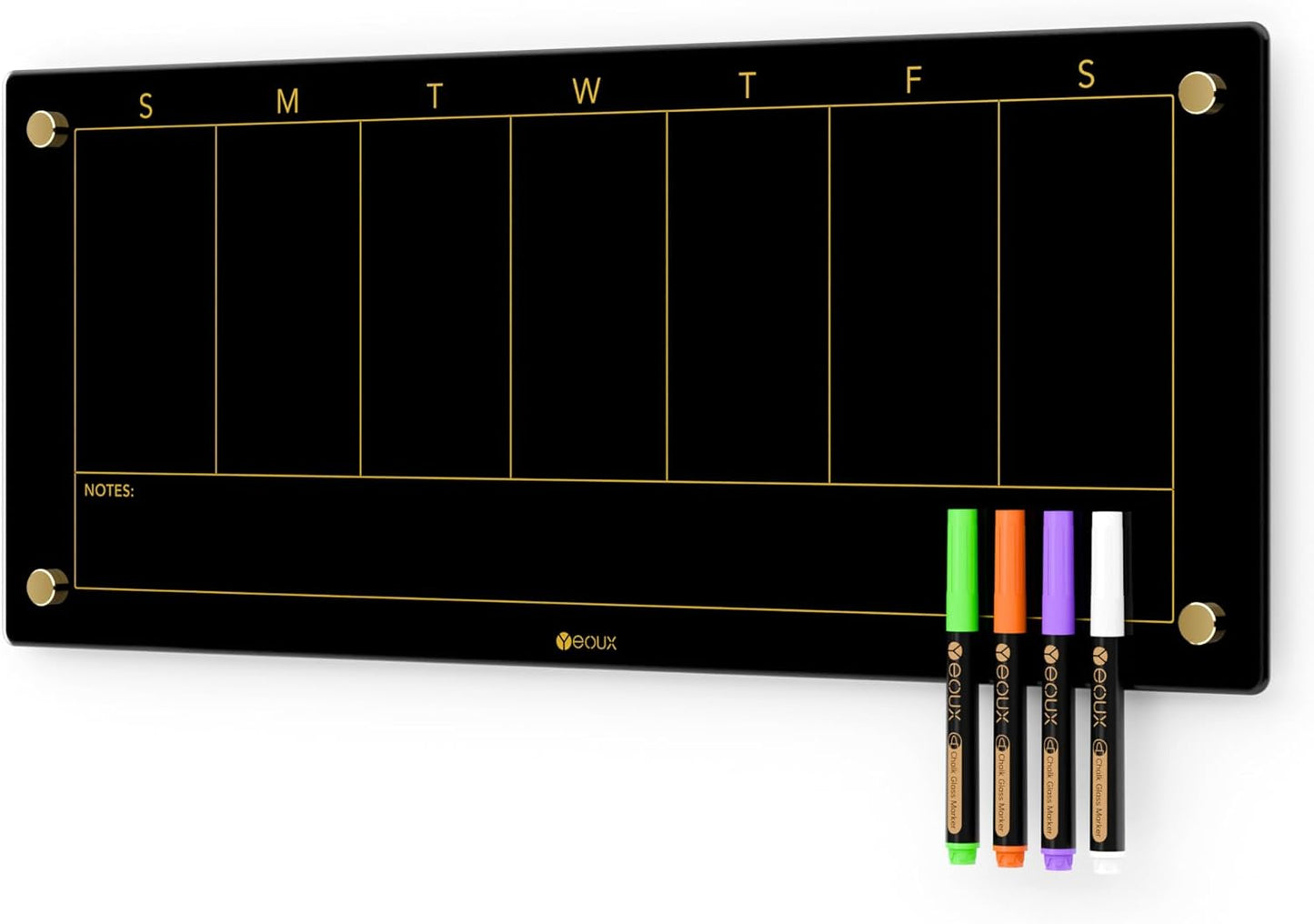 Glass Golden Weekly Dry Erase Calendar & Menu Whiteboard for Wall, Meal Planning & Grocery Shopping List White Board for Kitchen, 15x11, 7 Days Planner for Home, 4 Wet Erase Markers Included, Yeoux*