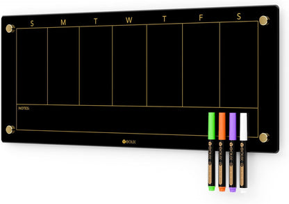 Glass Golden Weekly Dry Erase Calendar & Menu Whiteboard for Wall, Meal Planning & Grocery Shopping List White Board for Kitchen, 15x11, 7 Days Planner for Home, 4 Wet Erase Markers Included, Yeoux*