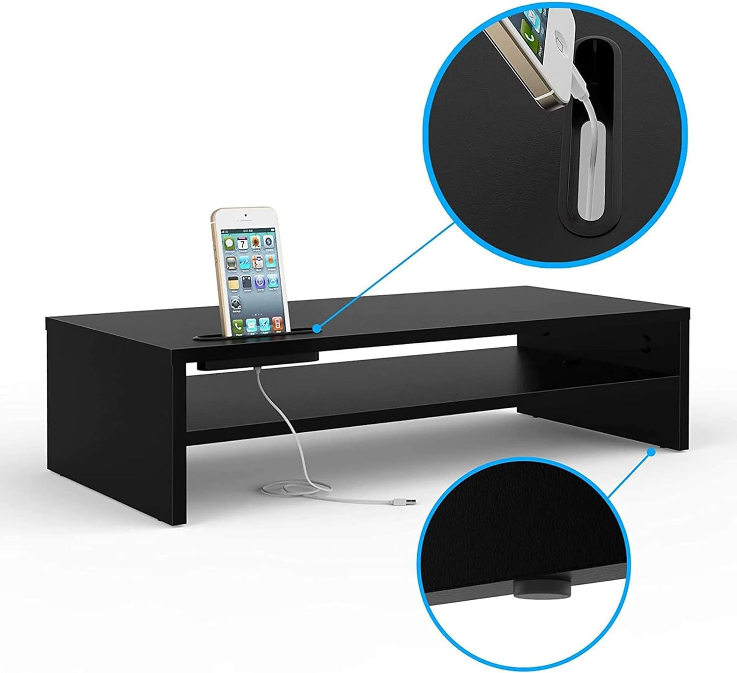 BONTEC Wooden Monitor Stand Riser for Desk, 2-Tier Computer Monitor Stand with Storage, 66 lbs Desk Shelf Organizer, Laptop & Printer Stand with Phone Holder and Cable Management, White, 16.5 Inch