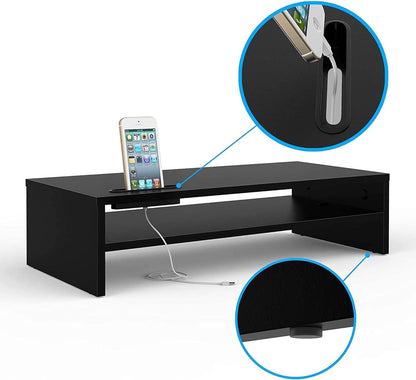 BONTEC Wooden Monitor Stand Riser for Desk, 2-Tier Computer Monitor Stand with Storage, 66 lbs Desk Shelf Organizer, Laptop & Printer Stand with Phone Holder and Cable Management, White, 16.5 Inch