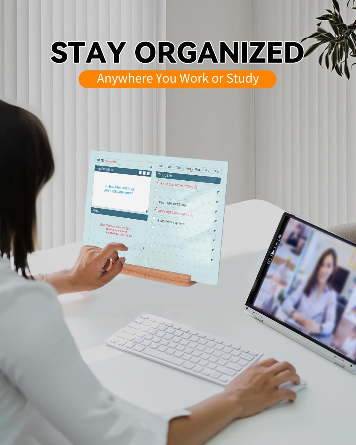 Acrylic Dry Erase to-Do List Board with Solid Wood Base, 9x13 Desktop Whiteboard Planner, Task Organizer for Office/Home/School, Includes 3 Dry Erase Markers (White)