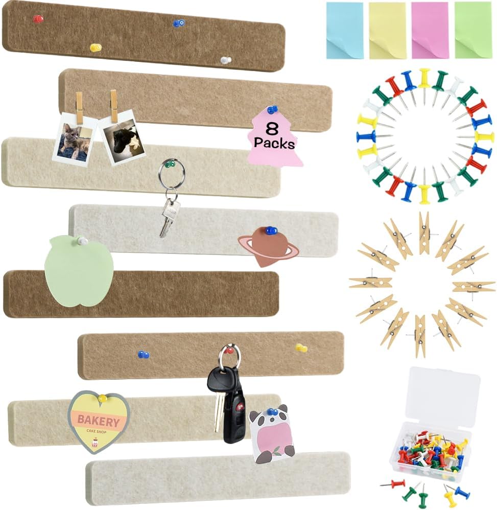 Vuzvuv 8 pcs Bulletin Board Bar Strips with 50 Pushpins & 10 Wooden Clip pins，Self Adhesive Cork Board for Wall，Felt Pin Board for School，Office Decor（Black White Grey）
