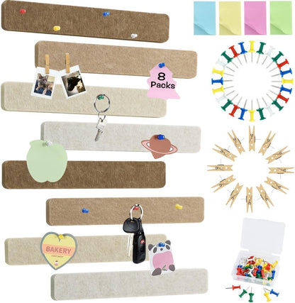 Vuzvuv 8 pcs Bulletin Board Bar Strips with 50 Pushpins & 10 Wooden Clip pins，Self Adhesive Cork Board for Wall，Felt Pin Board for School，Office Decor（Black White Grey）