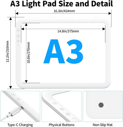 TOHETO A4 Rechargeable Led Super Bright Light Pad Powered by 3500mAh Lithium Battery for Weeding Vinyl Tool, Portable Wireless Light Board/Box for Tracing, Diamond Painting, Sketching & Drawing