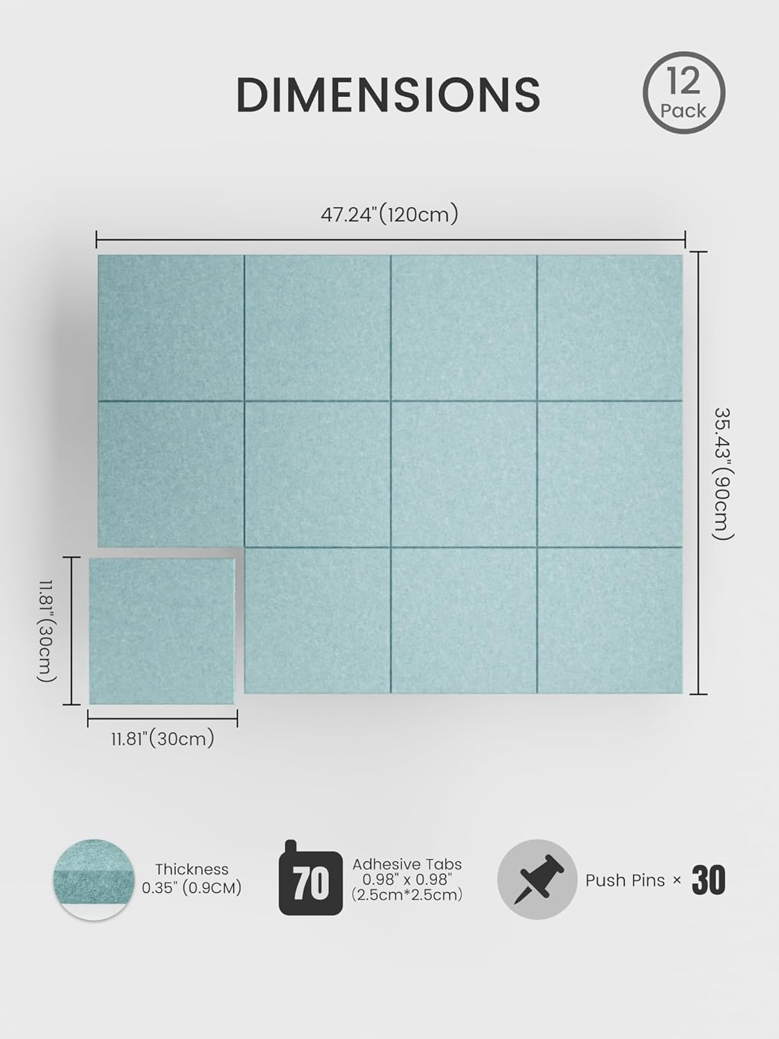 Bumusty Large Cork Board Alternative-48 x 36" Felt Bulletin Board Tiles, with 30 Pushpins, 70 Adhesive Tabs, Bold-Stripe 12-Pack, Cork Boards for Office Push Pin Board Felt Board-Carbon Blue