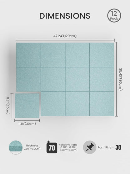 Bumusty Large Cork Board Alternative-48 x 36" Felt Bulletin Board Tiles, with 30 Pushpins, 70 Adhesive Tabs, Bold-Stripe 12-Pack, Cork Boards for Office Push Pin Board Felt Board-Carbon Blue