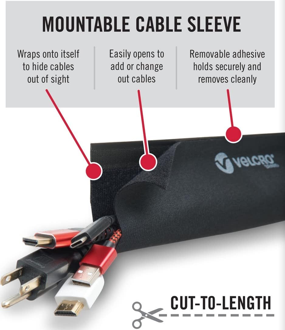 VELCRO Brand Mountable Cable Sleeve | Cord Management Mounts on Walls, Desk or Entertainment Center | Removable Adhesive is Damage Free | 8in Black, 2pk, 8in - 2Pk