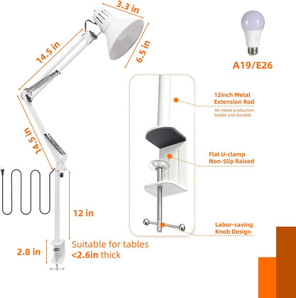 Desk Lamp With Clamp for Home Office, Eye-Caring Clip on Light with Adjustable Extra Tall Metal Swing Arm, High Intensity Clamp Lamp w/LED Bulb, Architect Task Table Lamps for Study, Workbench-B/5000k