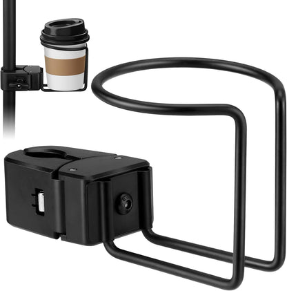 Clamp-On Cup Holder for Vertical Round Poles - Fits Most Round-Rod Stands, Grill Racks, Wheelchairs & Railings - Holds Coffee, Beer, Water & Drink Cups