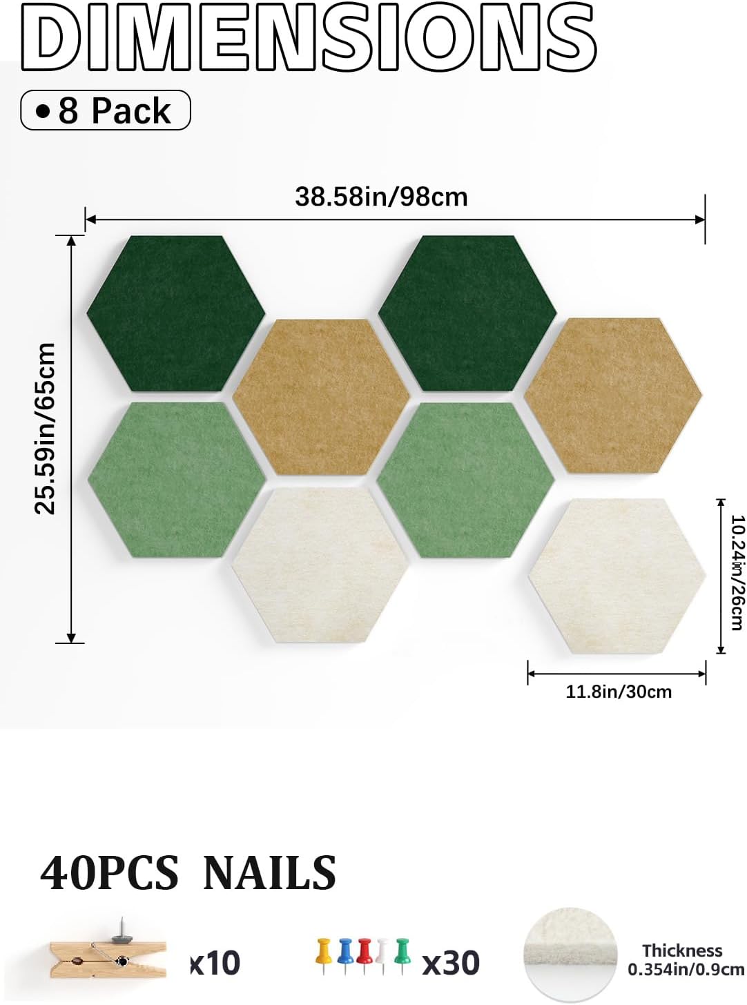8 Pack Hexagon Felt Bulletin Board Tiles - 12" Large Thick Pin Board for Walls with 30 Push Pins, DIY Boards for Office Home School Decor, Aesthetic Hex Cork Board Alternative