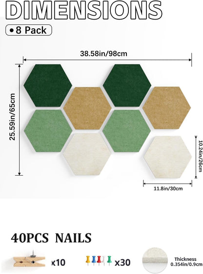 8 Pack Hexagon Felt Bulletin Board Tiles - 12" Large Thick Pin Board for Walls with 30 Push Pins, DIY Boards for Office Home School Decor, Aesthetic Hex Cork Board Alternative