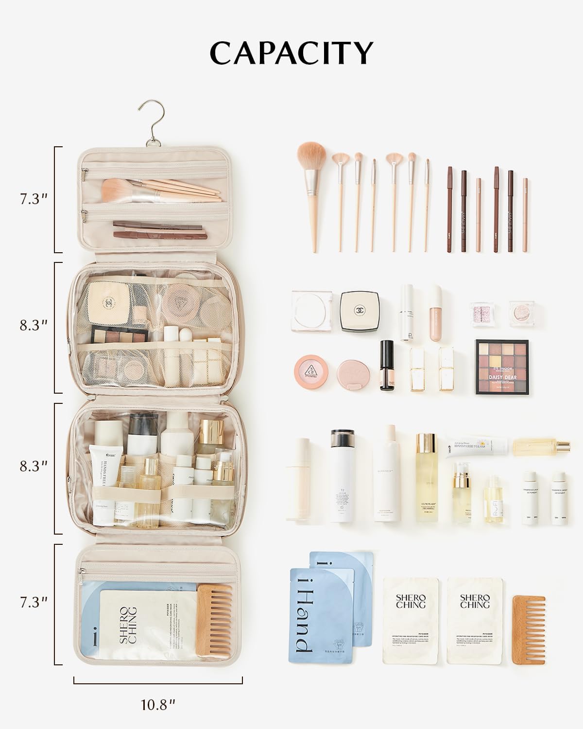 EACHY Toiletry Bag with Hanging Hook, Travel Makeup Bag PU Leather Cosmetic Bags for Women Make Up Organizer with 4 Compartments Waterproof Full-Size Portable Travel Essentials (Beige)