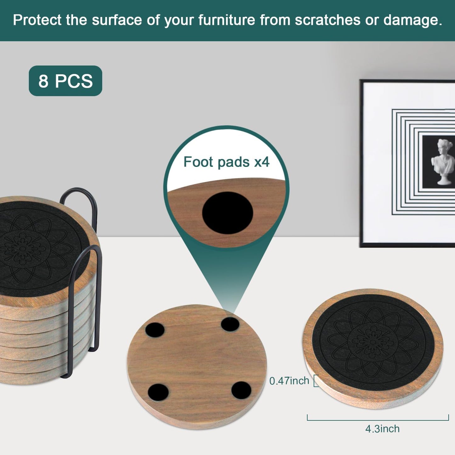 Wood Coasters for Drinks, Minacun Absorbent Coaster Sets of 5, Drinks Coasters for Coffee Tabletop Protection, Non-Slip, Non-Stick, Suitable for Kinds of Cups Wooden Table Drink, 4.3 Inches Black