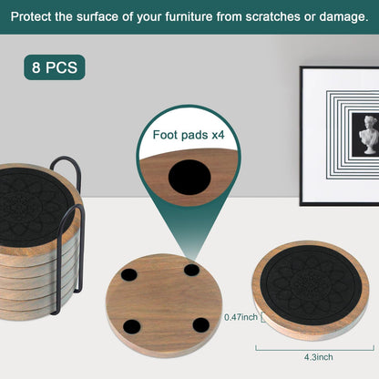 Wood Coasters for Drinks, Minacun Absorbent Coaster Sets of 5, Drinks Coasters for Coffee Tabletop Protection, Non-Slip, Non-Stick, Suitable for Kinds of Cups Wooden Table Drink, 4.3 Inches Black