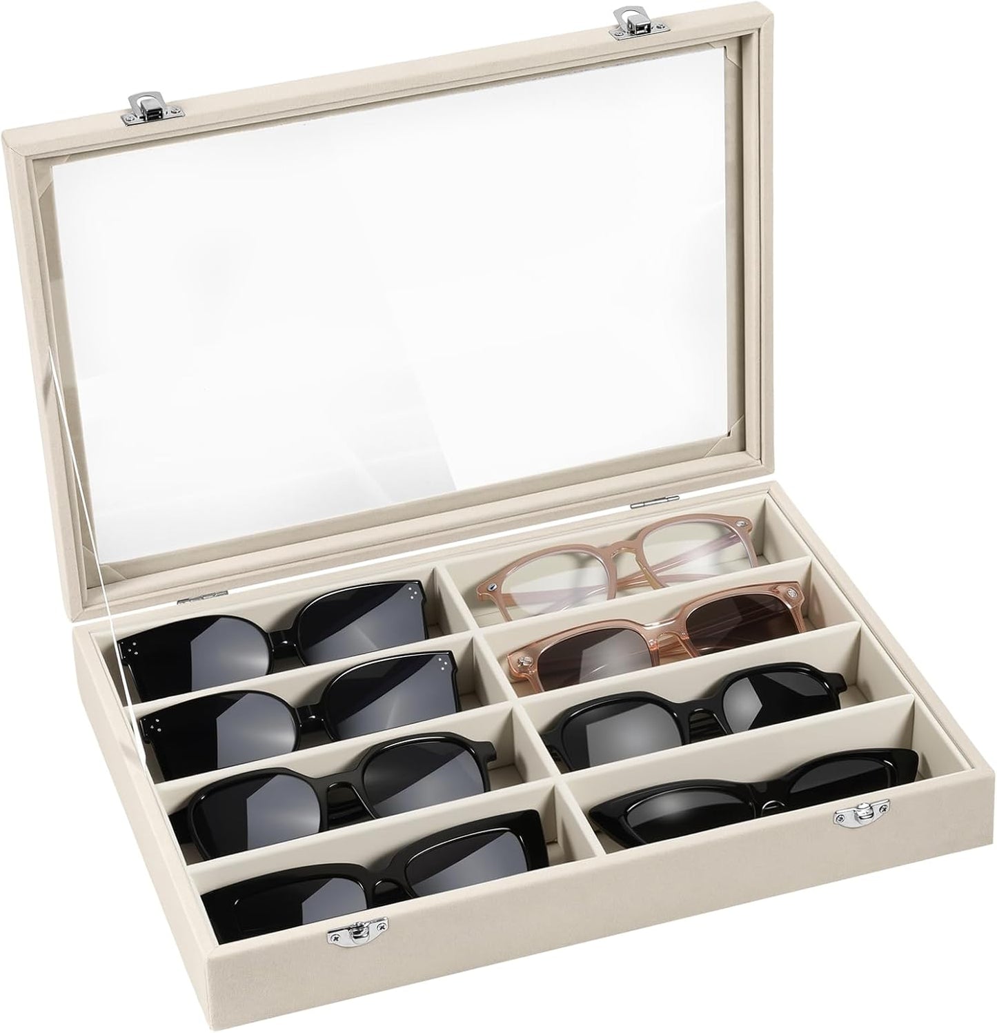Emibele Glasses Organizer Jewelry Tray, 8 Grids with Clear Lid Velvet Tray Watch Storage Stackable Jewelry Showcase Display Storage with Detachable Inner Dividers, Beige