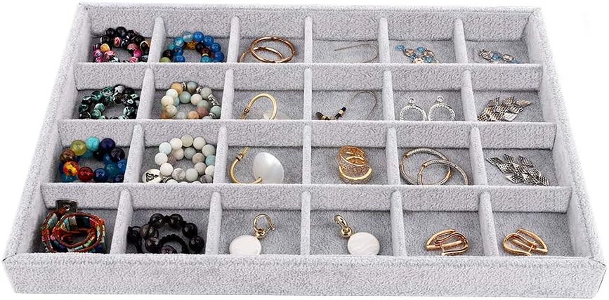 Emibele Glasses Organizer Jewelry Tray, 8 Grids with Clear Lid Velvet Tray Watch Storage Stackable Jewelry Showcase Display Storage with Detachable Inner Dividers, Beige