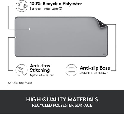 Logitech Desk Mat - Studio Series, Multifunctional Large Desk Pad, Extended Mouse Mat, Office Desk Protector with Anti-Slip Base, Spill-Resistant Durable Design, in Mid-Grey