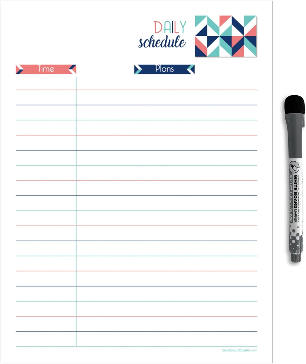 Dry Erase Daily Schedule Planner Sticker Decal by Glassboard Studio | Removable & Reusable | Magnetic Fine-Tip Marker Included (9 x 12 inches, White)