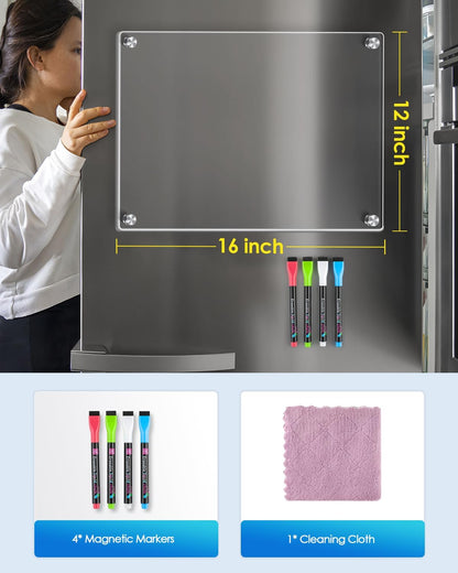 MaxGear 12"x8" Acrylic Magnetic Whiteboard for Fridge, Small Clear Refrigerator Dry Erase Board with 4 Markers and 1 Cloth, Smooth Writing and Easy Cleaning Blank Memo Grocery List for Home Planner
