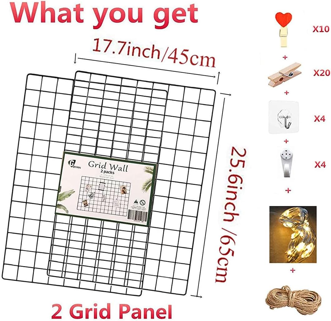 2 Pack Large Wall Grid Panels with Light and Clips, Photo Display Board, Picture Frame Collage Board, Wire Grid Wall Panel Room Decoration,Black