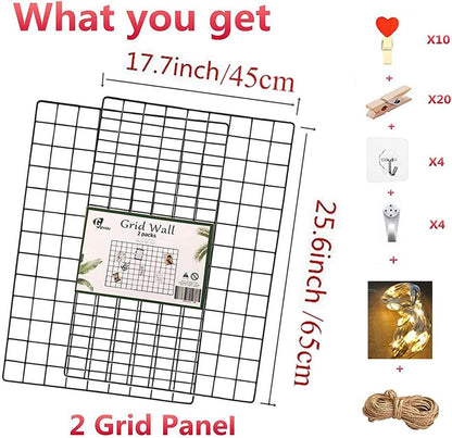 2 Pack Large Wall Grid Panels with Light and Clips, Photo Display Board, Picture Frame Collage Board, Wire Grid Wall Panel Room Decoration,Black