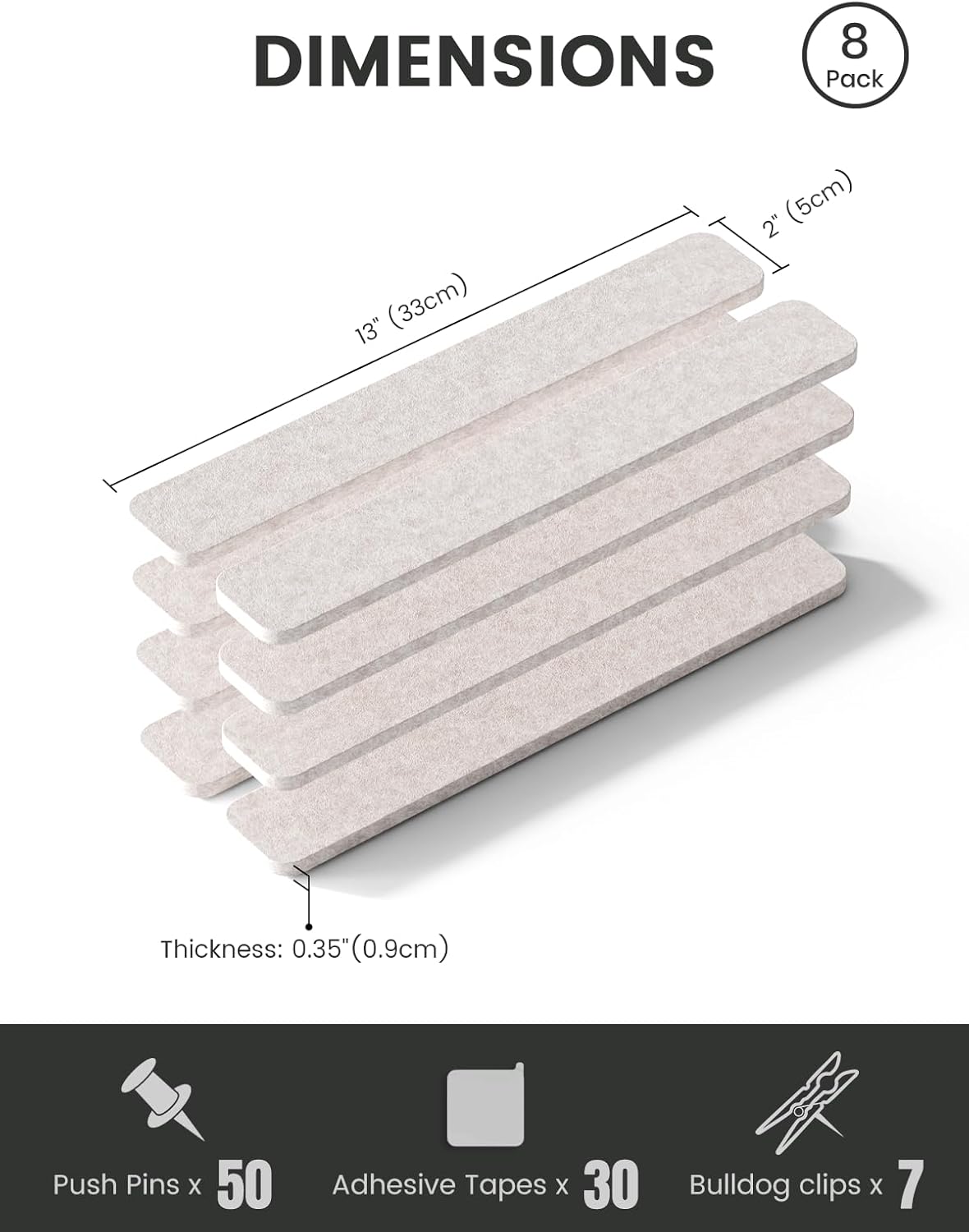 Fluxynara Cork Board Alternative Felt Strip Board 8-Pack 13"x2", Office Pin Board with 50 Push Pins, Adhesive Install for Bedroom Door & Home Office(Linen Dusk)