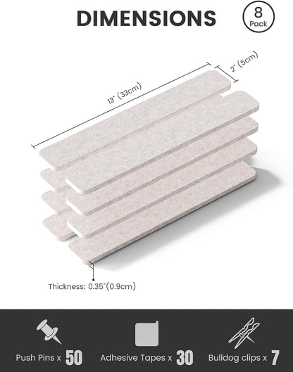 Fluxynara Cork Board Alternative Felt Strip Board 8-Pack 13"x2", Office Pin Board with 50 Push Pins, Adhesive Install for Bedroom Door & Home Office(Linen Dusk)